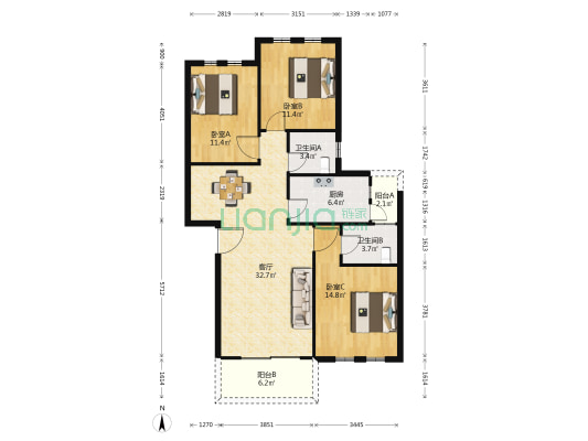 高桥B3-南区 3室1厅2卫 106平方