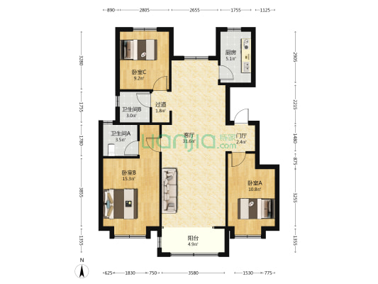 佳兆业悦峰群贤苑 3室1厅2卫 122平方