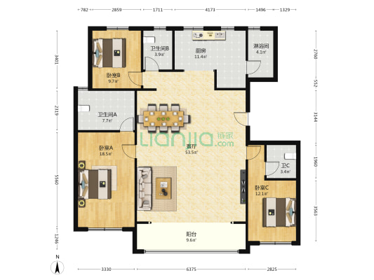 利航棠樾府 3室1厅4卫 173平方