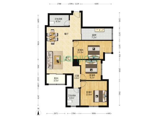 嘉华苑(普陀) 3室1厅2卫 125平方