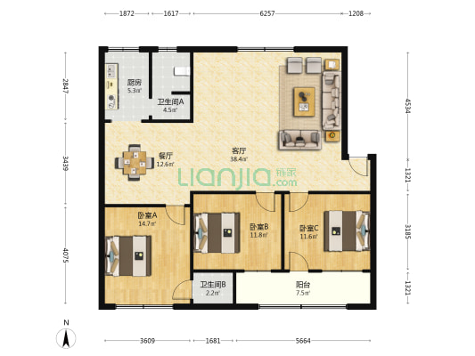 红旺大市场 3室2厅2卫 132平方