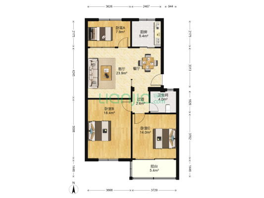 楚港兴市花苑小区 3室1厅1卫 109平方