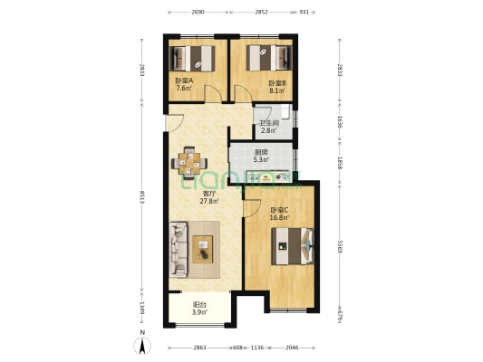 大华·鸿郡 3室1厅1卫 100平方