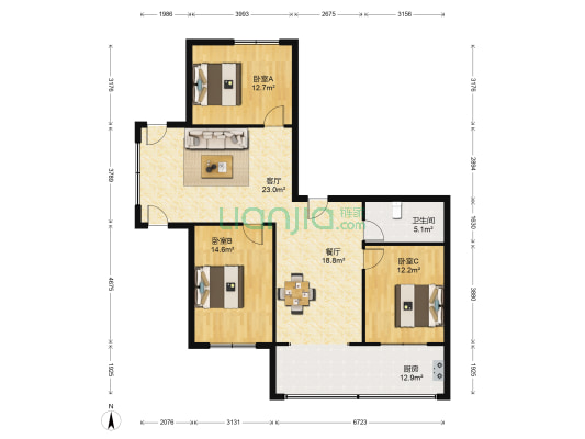 体东名城 3室2厅1卫 124平方