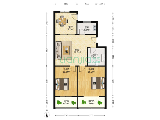 滨河花园北区 2室2厅1卫 89平方