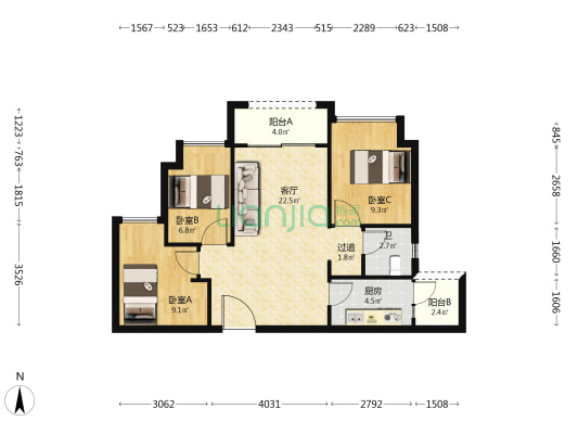 北京城建龙樾生态城樾易府南区 3室1厅1卫 80平方