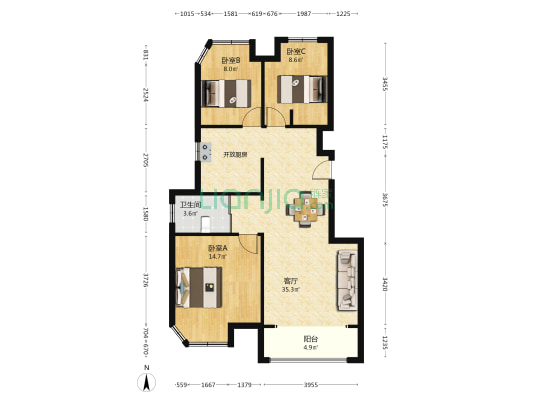 德晟君园 3室1厅1卫 90平方