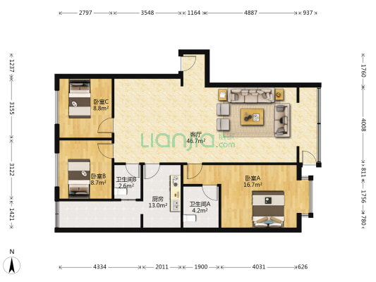 幸福街103号 3室1厅2卫 118平方