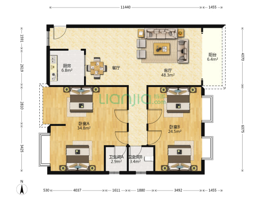康新花园 2室1厅2卫 160平方