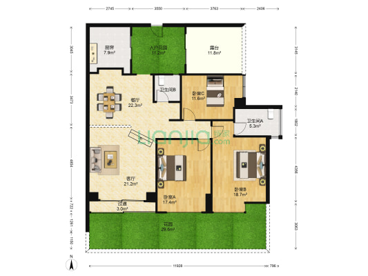浦辉海棠晓月C区 3室2厅2卫 126平方