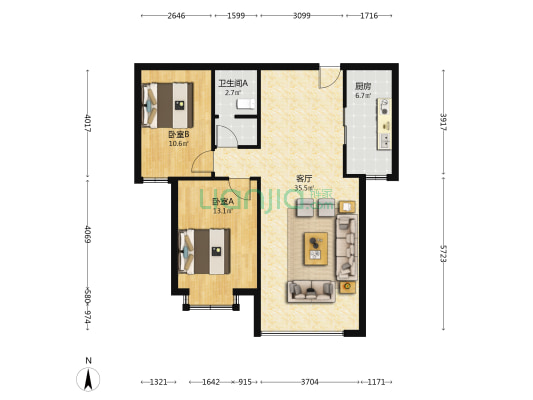 钻石院内朝南户型，采光好，精装自住，出行方便-户型图