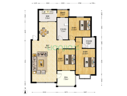 置地广场南苑一期 3室1厅2卫 135平方