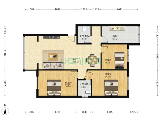 东巷47号附8号 3室1厅2卫 115平方