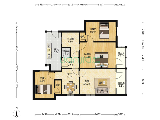 西安石油勘探仪器总厂10号住宅楼 3室2厅1卫 78平方