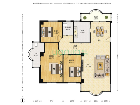 银行家园 3室1厅2卫 162平方