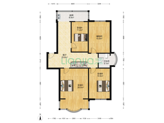 长福家园 3室1厅1卫 129平方