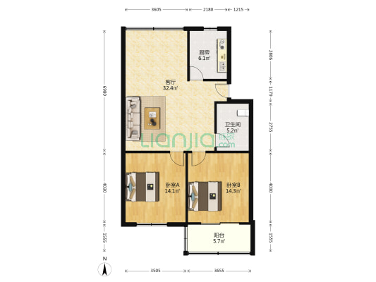 横街中园 2室1厅1卫 95平方