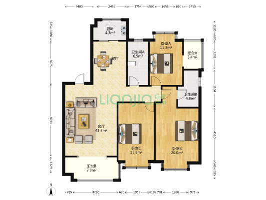 翰林花园南区 3室1厅2卫 146平方
