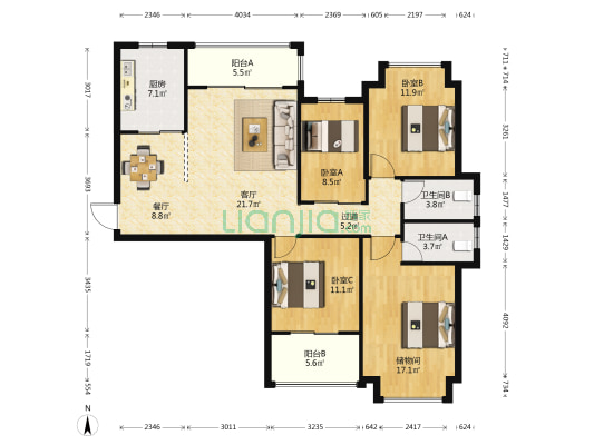 岳峰新城三区 3室2厅2卫 135平方