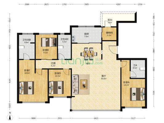 西派善成 4室1厅3卫 180平方
