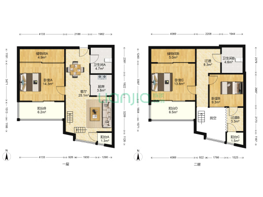 紫阳开心公寓 3室1厅2卫 82平方