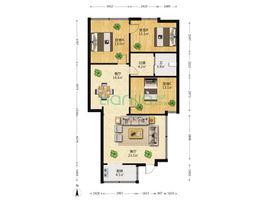 华山西路小区 3室2厅1卫 84平方