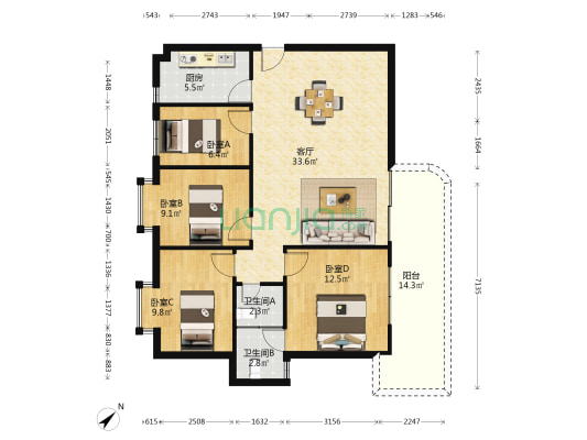 御景华城二期 4室1厅2卫 113平方