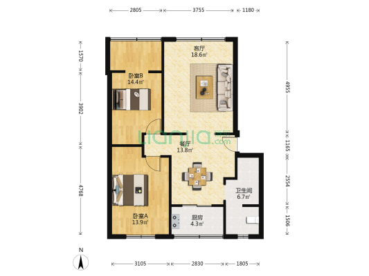 圃园南一路2号 2室2厅1卫 86平方