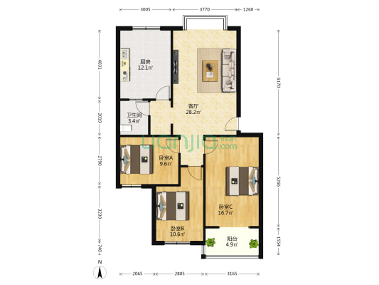 广阳公寓东区 3室1厅1卫 104平方