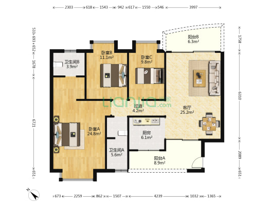 香江紫钻 3室1厅2卫 120平方