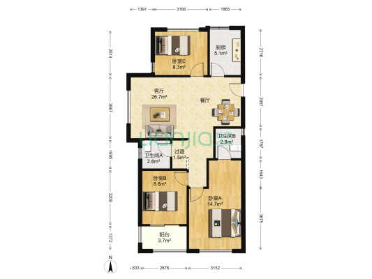 碧桂园海昌天澜 3室1厅2卫 99平方