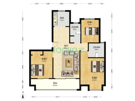 翡翠天域 3室1厅2卫 123平方