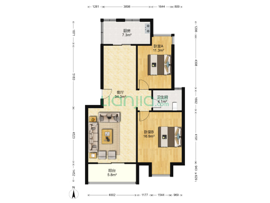 锦江家园 2室1厅1卫 92平方