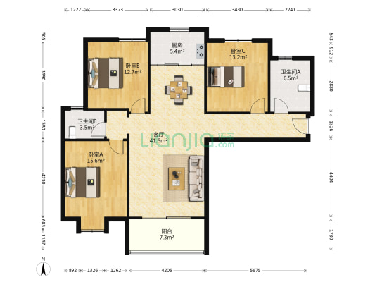 塔影景苑A区 3室1厅2卫 133平方