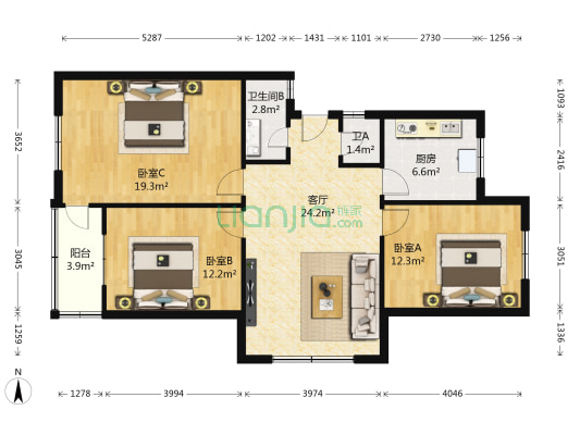 二轻局家属院 3室1厅2卫 99平方