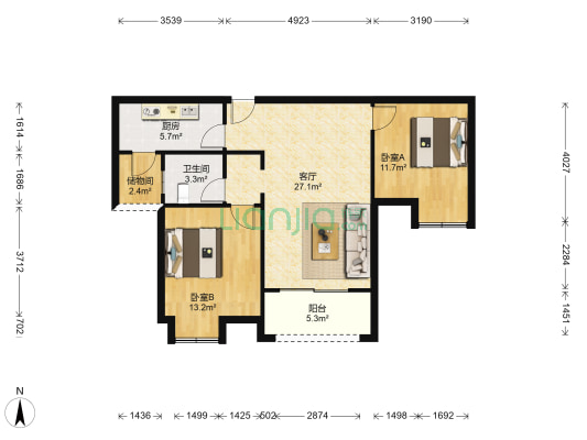 枫林天下三期康城 2室1厅1卫 90平方