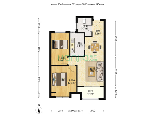 天健萃园 2室2厅1卫 74平方