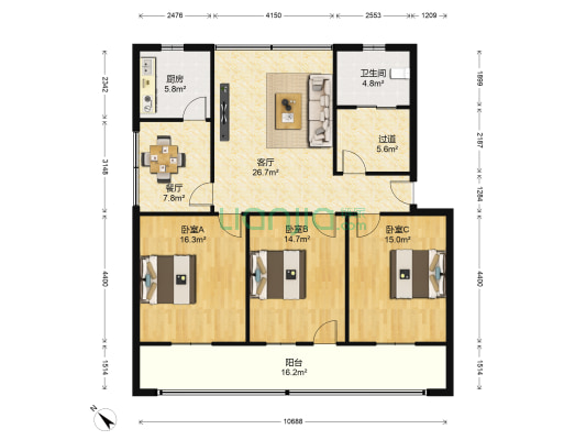 工行家属院(樊城东区) 3室2厅1卫 125平方