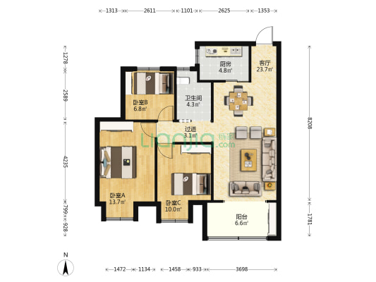 汉江水畔北区锦绣府 3室1厅1卫 96平方