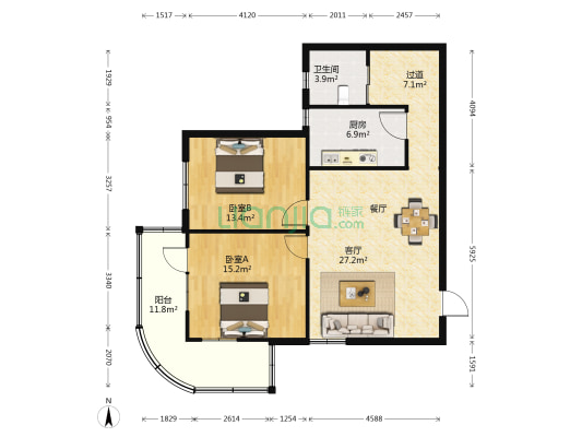 紫光大厦 2室1厅1卫 114平方