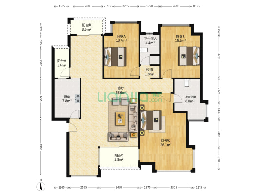 蓝岸A区 3室1厅2卫 147平方