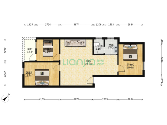 梁围大街13号 3室1厅1卫 73平方