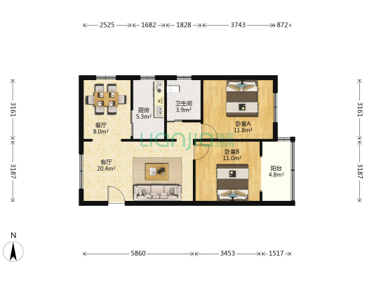 管弄 2室2厅1卫 84平方