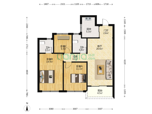 新希望锦畔云汀 3室1厅2卫 96平方