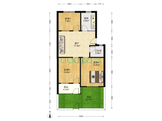 朝天街49号 3室1厅1卫 75平方