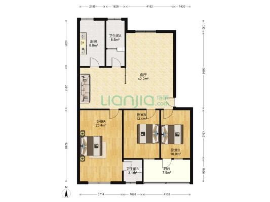 万通小区 3室1厅2卫 143平方