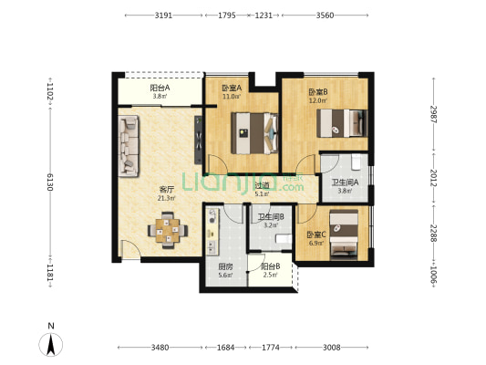 曦圆合众 3室1厅2卫 89平方