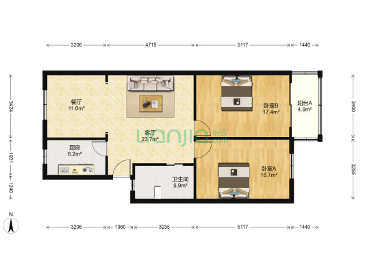 青云公寓 2室2厅1卫 100平方