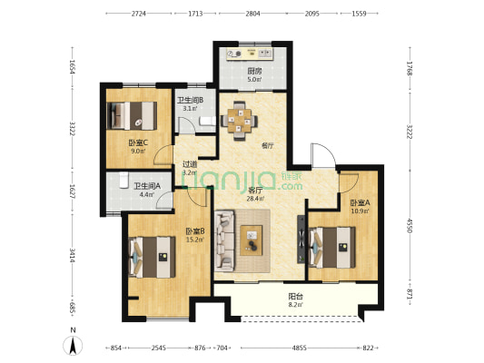 招商公园与湖 3室1厅2卫 122平方