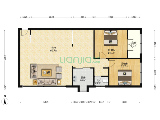 灵山路7号 2室1厅1卫 119平方